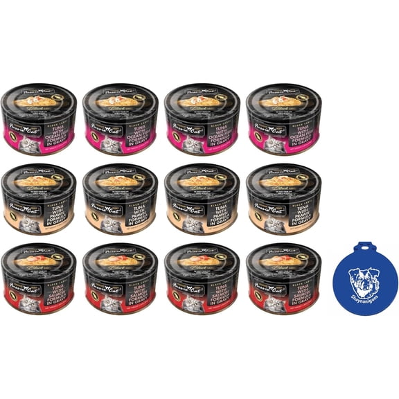 Fussie Cat Wet Chunks Cat Food in Gravy 3-Flavor Variety Bundle: Tuna with Salmon, Prawns or Ocean Fish (4 of Each Flavor, 12 Cans Total, 2.82 Ounces Each) Plus Silicone Lid