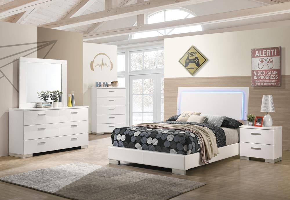 Glossy White Full Bedroom Set with LED Headboard