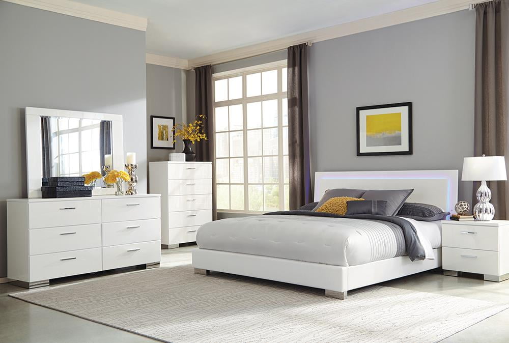 Felicity Glossy White Queen 5-Piece Bedroom Set with LED Headboard