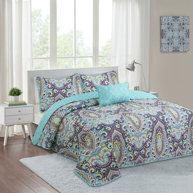 Felicity Jewel Blue 4piece Reversible Machine Washable Quilt Set Twin