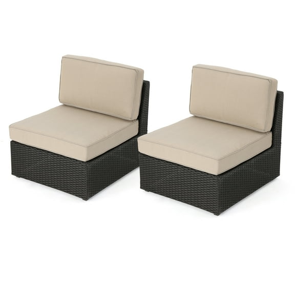 Felicity Outdoor Wicker Armless Chairs with Cushions, Set of 2, Dark Brown and Beige