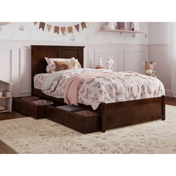 Felicity Twin Wood Platform Bed with Panel Footboard & Storage Drawers in Walnut