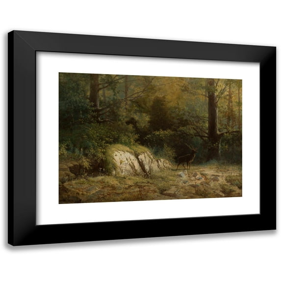 Feliks Brzozowski 18x14 Black Modern Framed Museum Art Print Titled - Forest Landscape with a Deer (1875)