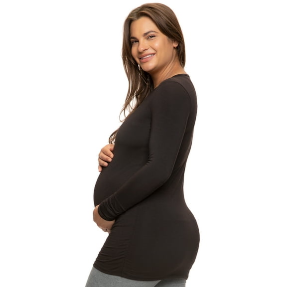 Felina | Cotton Modal Maternity Side Shirred L/S Crewneck Shirt (Black, Large)