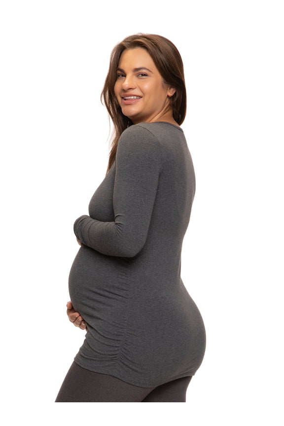 | Cotton Modal Maternity Side Shirred L/S Crewneck Shirt (Heathered Charcoal, Large)