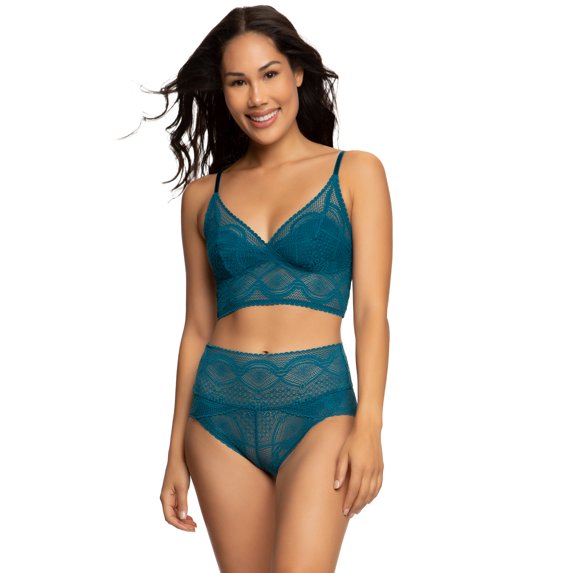 Felina | Finesse Lace Cami Bralette & Mock-Wrap Brief | 2-Piece Set (Blue Coral, S/M)