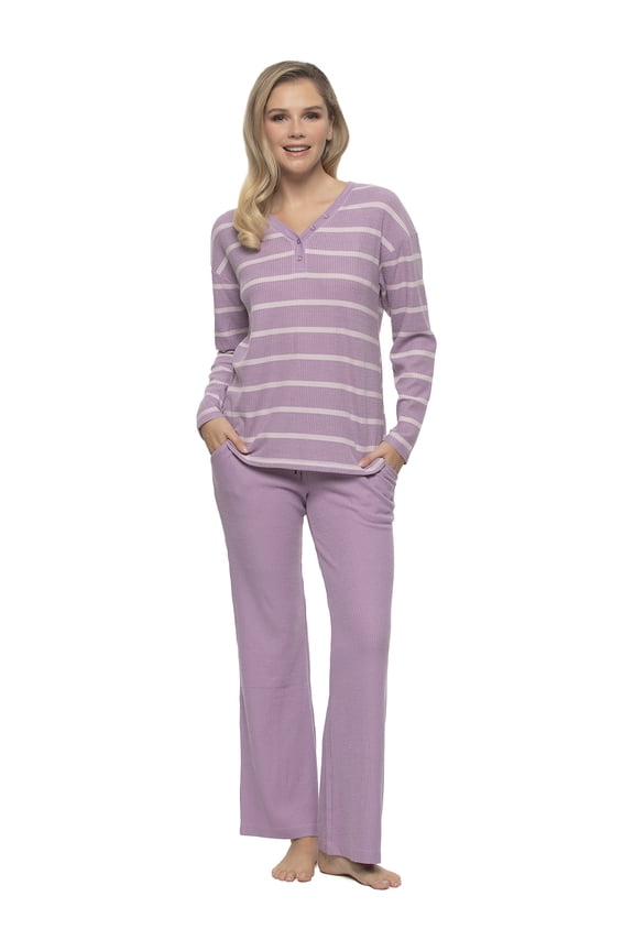 - Jolie 2-Piece Henley Lounge Set - Relaxed Fit Knit Top & Pants with Pockets Loungewear (Orchid Mist, Small)