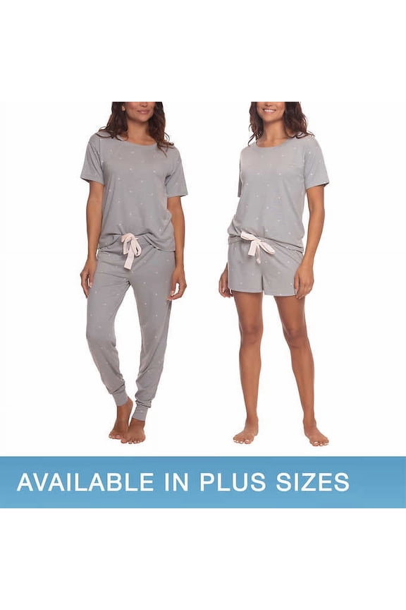 Ladies' 3-Piece Tee, Short, Jogger Lounge Set, Gray with Pink Stars Large