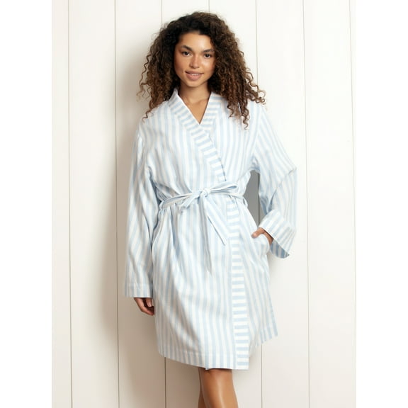Felina - Mirielle Robe - Striped Cotton Poplin Robe, Lightweight & Comfortable (Serene Sky, Large)