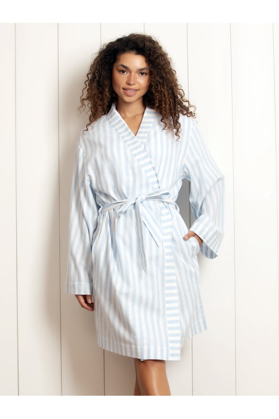 - Mirielle Robe - Striped Cotton Poplin Robe, Lightweight & Comfortable (Serene Sky, Large)