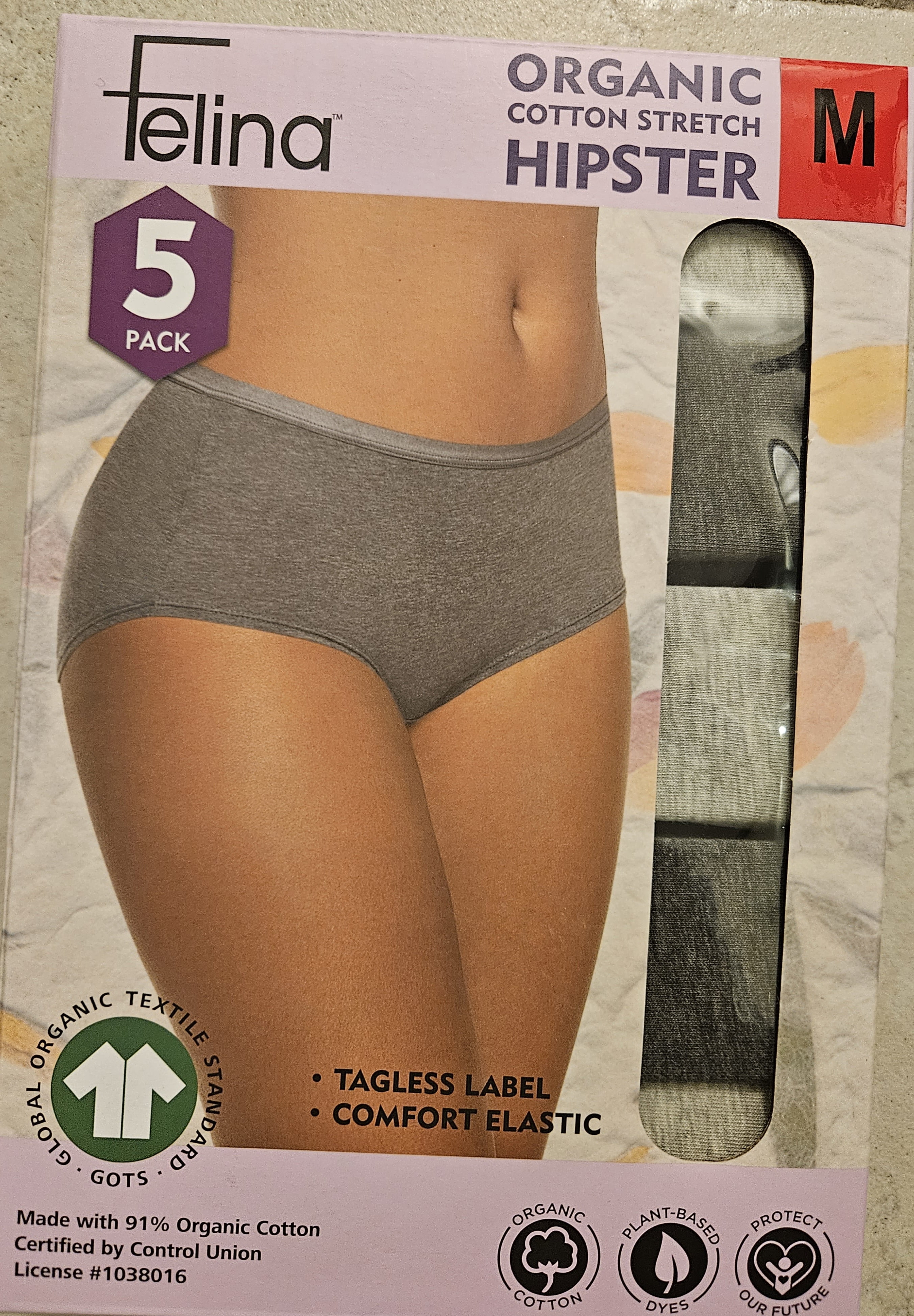Felina | Organic Cotton Stretch Hipster Panties | 5-Pack | Multi, Medium