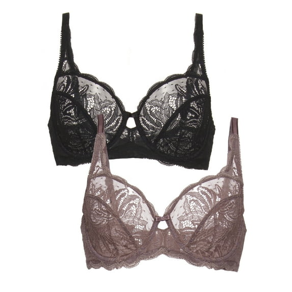 Felina - Paramour Peridot Lace Full Coverage Unlined Bra for Women (Black Mink 2-Pack, 34G)