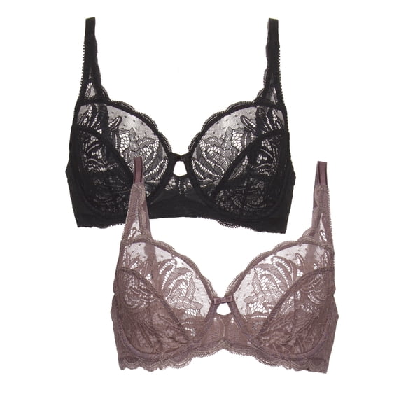 Felina - Paramour Peridot Lace Full Coverage Unlined Bra for Women (Black Mink 2-Pack, 40G)
