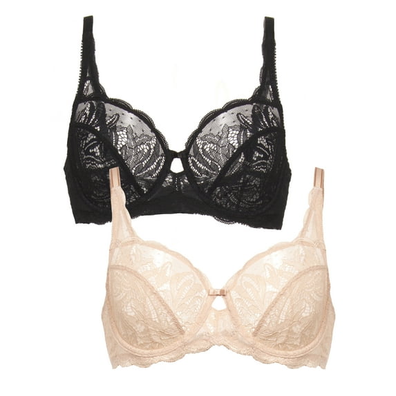 Felina - Paramour Peridot Lace Full Coverage Unlined Bra for Women (Sugar Baby Black 2-Pack, 34DDD)
