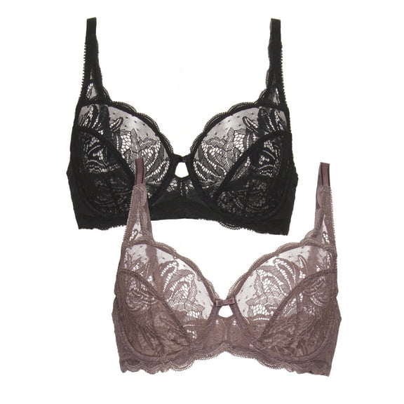 Felina - Paramour Peridot Lace Full Coverage Unlined Bra for Women (Black Mink 2-Pack, 32C)
