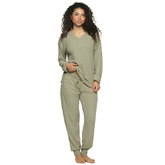 Felina - Serena V-Neck Top & Jogger Lounge Set | 2-Piece Ultra-Soft Knit Top & Pants Loungewear (Forest Fog, Large)