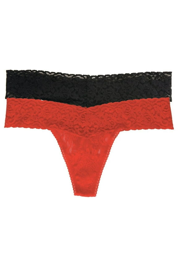 | Signature Stretchy Lace Low Rise Thong 2-Pack | Panty (Black True Red, L/XL)
