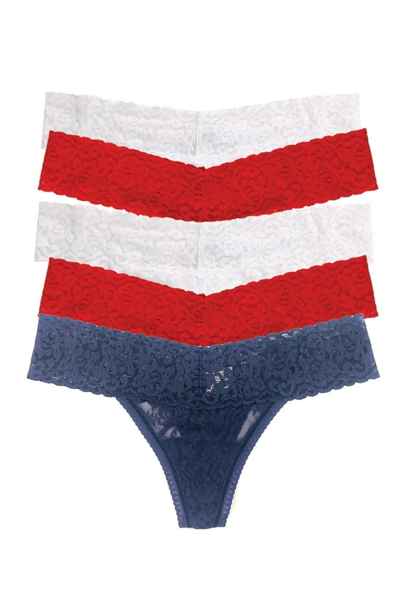 Stretchy Lace Low Rise Thong - Sexy Underwear for Women, Thongs for Women, Seamless Panties for Women (5-Pack) (All American, L/XL)