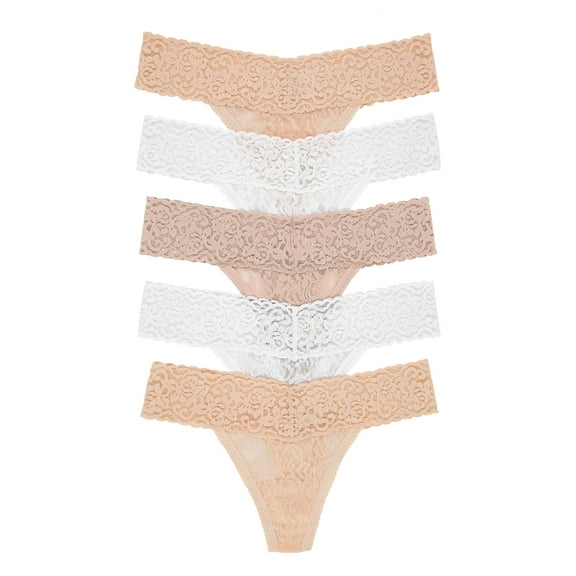 Felina Stretchy Lace Low Rise Thong - Sexy Underwear for Women, Thongs for Women, Seamless Panties for Women (5-Pack)