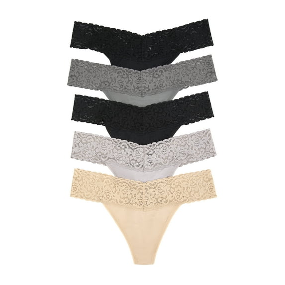 Felina Super Stretchy Lace Top Low Rise Thong | 5-Pack (Neutral Combo, L/XL)