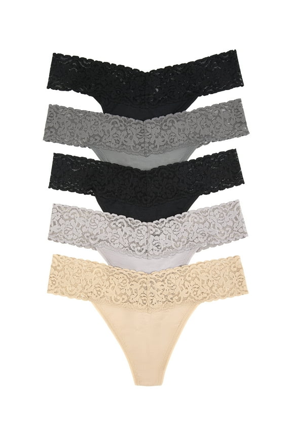 Super Stretchy Lace Top Low Rise Thong | 5-Pack (Neutral Combo, L/XL)