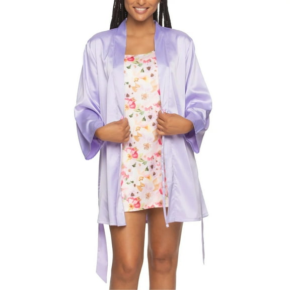 Felina Women's 2-Piece Floral Soft Satin Chemise & Robe Set (Purple, M, 621210)