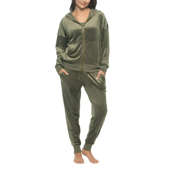 Felina Women's 2 Piece Velour Track Suit, Hoodie and Jogger Lounge Set (Medium/Deep Olive (Green))