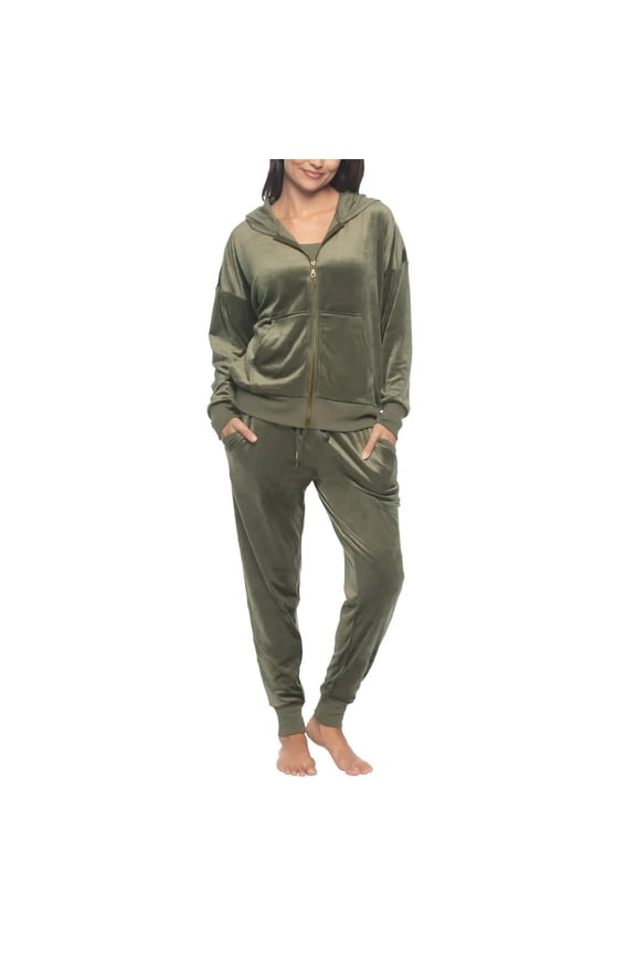 Women's 2 Piece Velour Track Suit, Hoodie and Jogger Lounge Set (XX-Large/Deep Olive (Green))