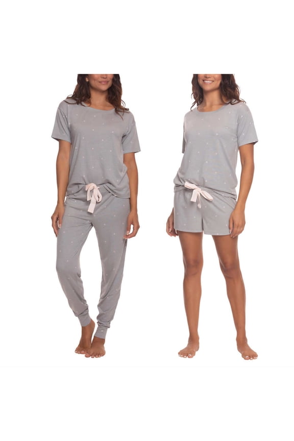 Women's 3-Piece Soft Jersey T-Shirt, Shorts and Pants PJ Lounge Set-Gray / 2X