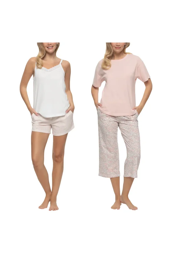 Women's 4-piece Pajama Sleep Lounge Set 100% Cotton (Pink, Medium)