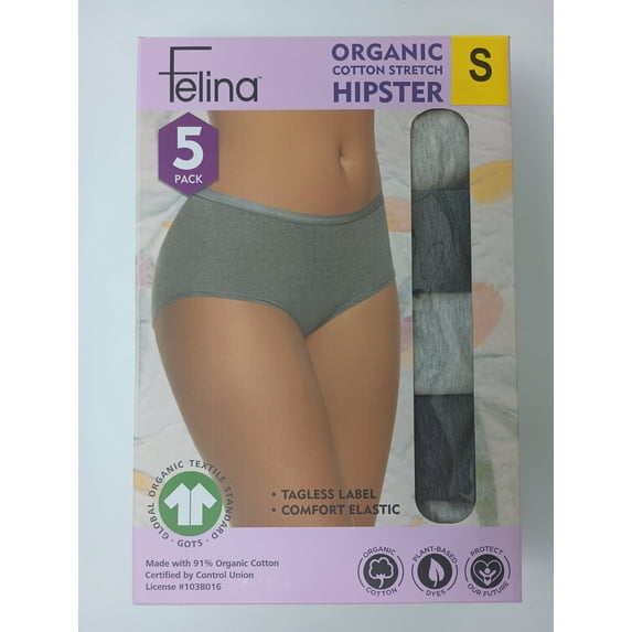 Felina Women's 5 Pack Organic Cotton Stretch Hipster Size: S, Color: Gray