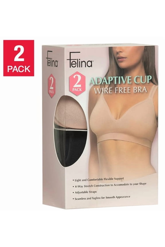 Felina Women's Adaptive Cup Wire Free Bra, 2-pack - Black+ Nude (Small)
