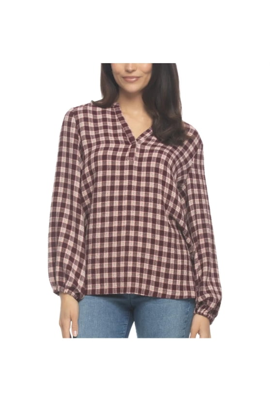 Women's Lurex Plaid Long Sleeve Top (US, Alpha, X-Small, Regular, Regular, Red Burgundy)