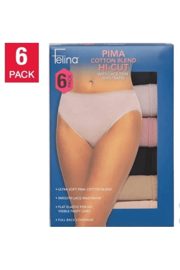 Women's Pima Cotton Blend Hi-cut with Lace Trim Waistband 6-Pack Multicolor Size-L