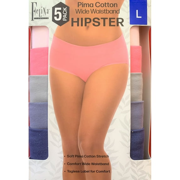 Felina Women's Pima Cotton Stretch Wide Waistband Hipster Panties 5-Pack (Size L ~ Large)