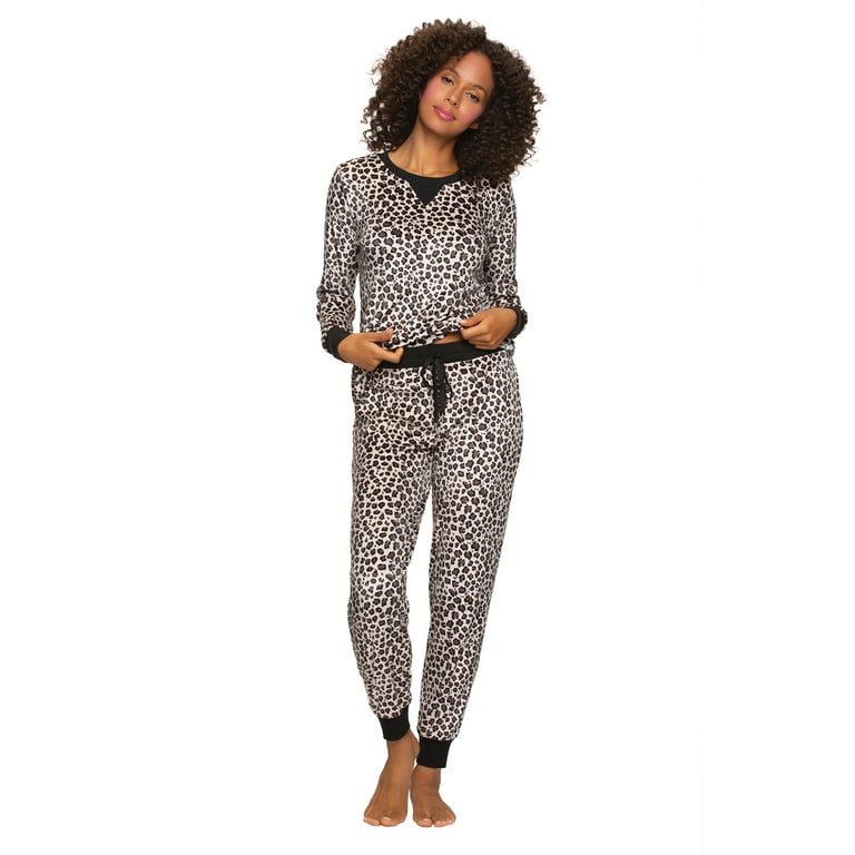 Felina | Women's Printed Micro-Fleece Pajama Set | V-Notch Top & Jogger  (Natural Cheetah, Medium)