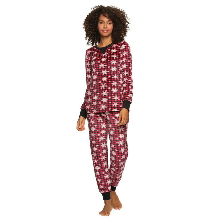Felina | Women's Printed Micro-Fleece Pajama Set | V-Notch Top & Jogger  (Red Snowflakes, Medium)