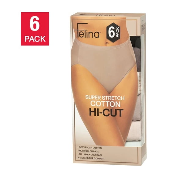 Felina Women's Super Stretch Cotton Hi-Cut Brief, 6-pack, (Size Medium), 90% Cotton 10% Spandex Underwear Panties