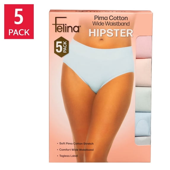 Felina Womens 5 Pack Pima Cotton Wide Waistband Hipster (Blue-Medium)