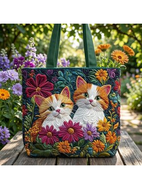 Feline Blossoms Quilted Tote Bag, Floral Cat Fabric Tote, Handmade Patchwork Shoulder Bag