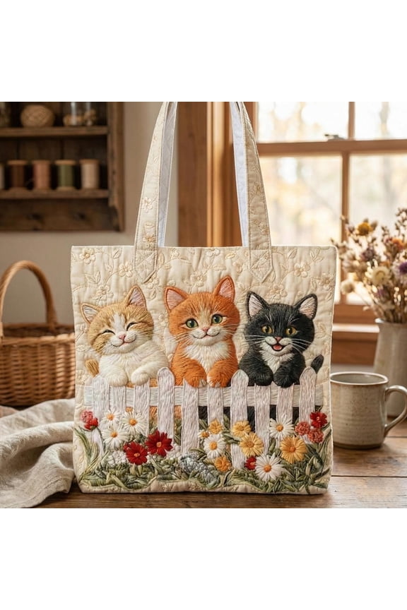 Feline Blossoms Quilted Tote Bag, Floral Cat Fabric Tote, Handmade Patchwork Shoulder Bag