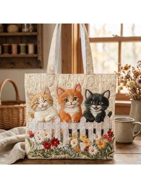 Feline Blossoms Quilted Tote Bag, Floral Cat Fabric Tote, Handmade Patchwork Shoulder Bag