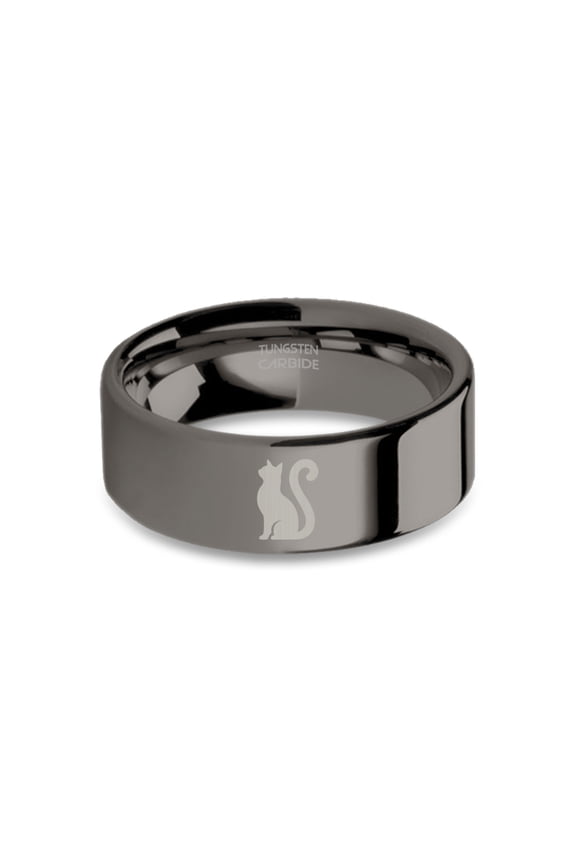 Feline Cat Lover Laser Engraved Gunmetal Tungsten Ring, Polished, 8mm, Size 9