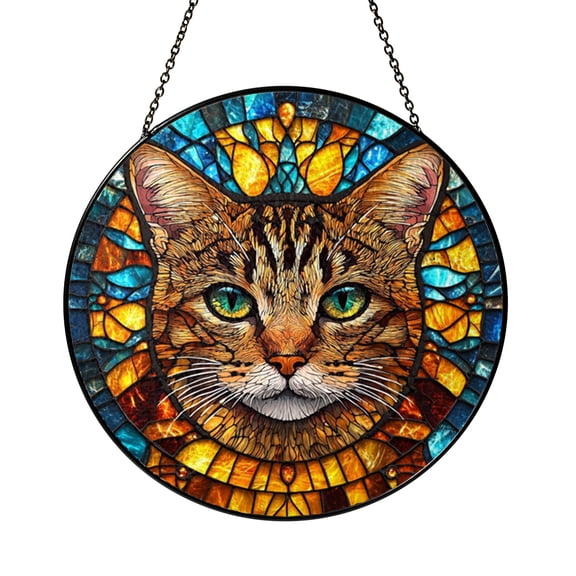 Feline Cat Metal Wall Sign, Stained Glass Style Decorative Garden Plaque Accent