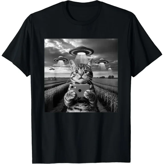 Feline Cat Selfie With Alien UFO Funny Space Kitty Meme Art Unisex T-Shirt up to size 5XL