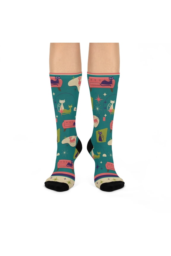 Feline Cat Socks Unisex Stretchy Fun Retro Pair 1 Size Atlas Wanderlust