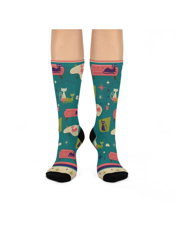 Feline Cat Socks Unisex Stretchy Fun Retro Pair 1 Size Atlas Wanderlust