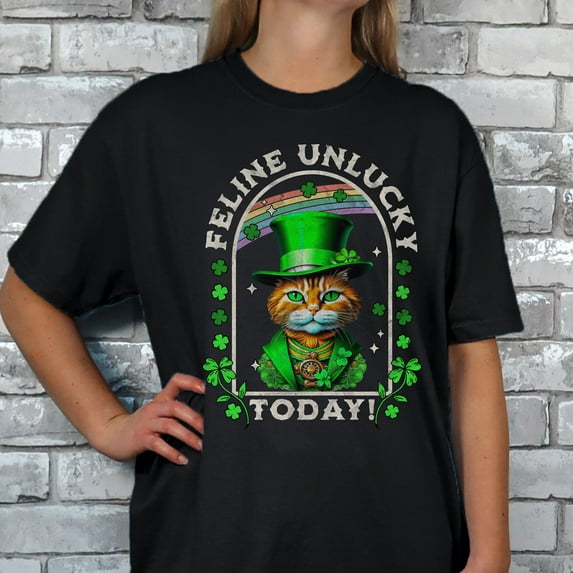 Feline Cat St. Patrick's Day Comfort Colors Shirt, Shamrock Cat St. Patty's Day T-shirt, Funny St. Patrick's Day Graphic Shirt Design (Colors:Black; Sizes:L;)