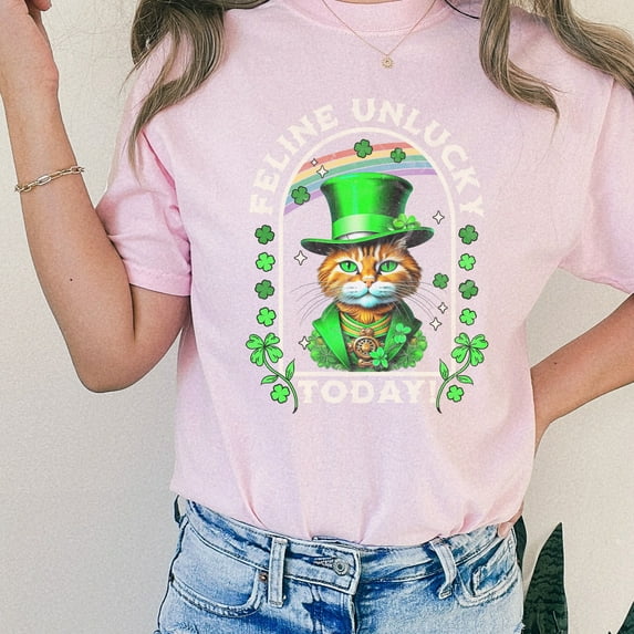 Feline Cat St. Patrick's Day Comfort Colors Shirt, Shamrock Cat St. Patty's Day T-shirt, Funny St. Patrick's Day Graphic Shirt Design (Colors:Blossom; Sizes:4XL;)