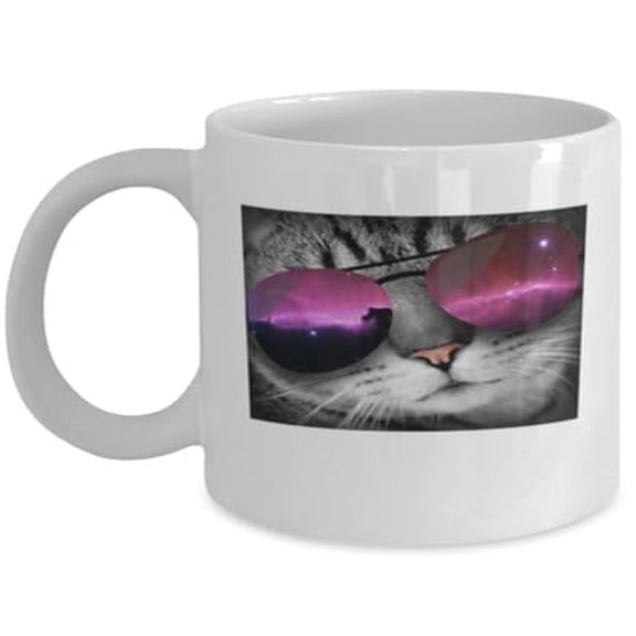 Feline Coffee Mug, Funky Cat In Space Travel, Funny Cat Gift, White Ceramic Cup